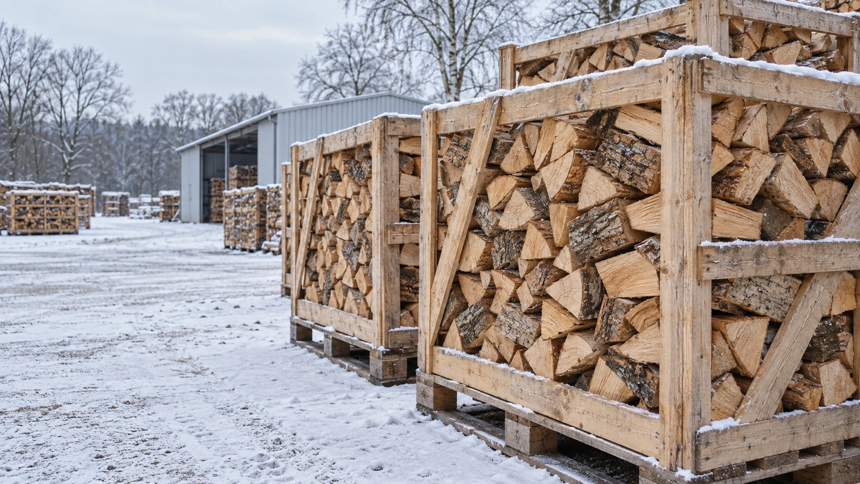 Holzkisten mit Brennholz im winterlichen Lager