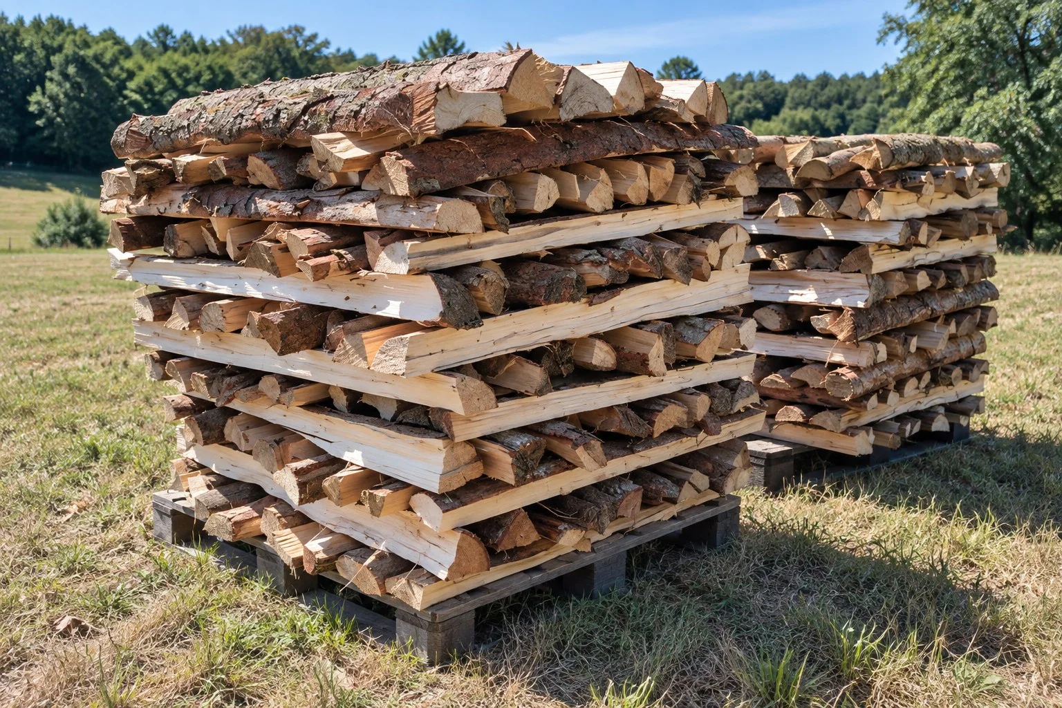 Split wood stacked in ventilated layers on pallets