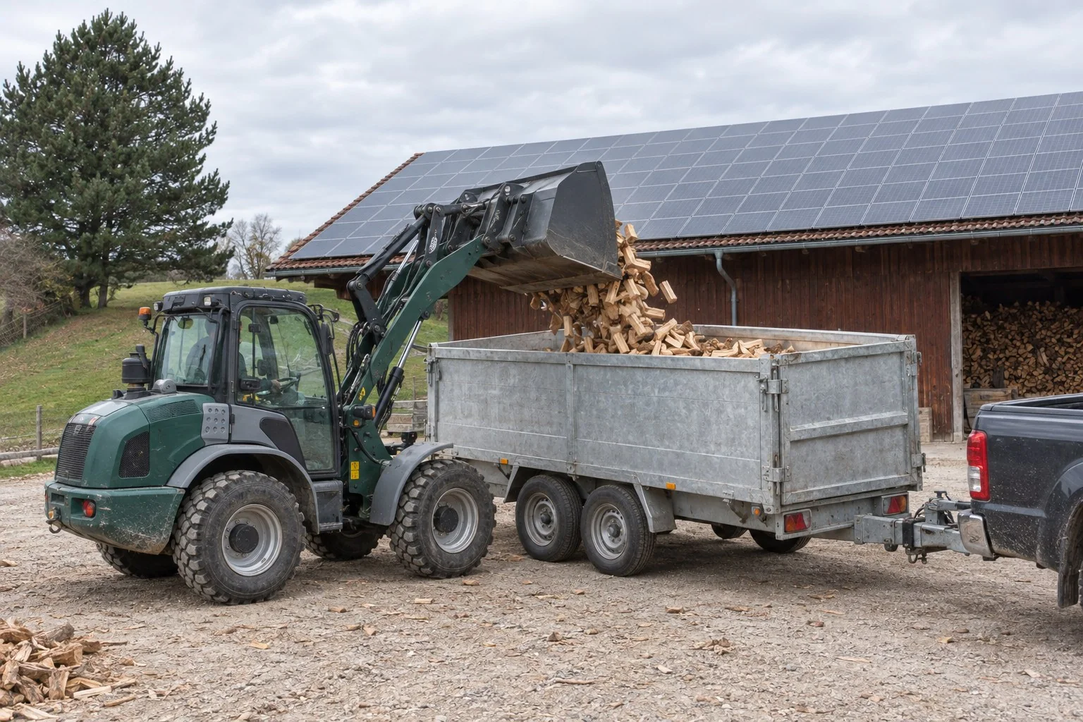 Wheel loader filling a trailer with firewood