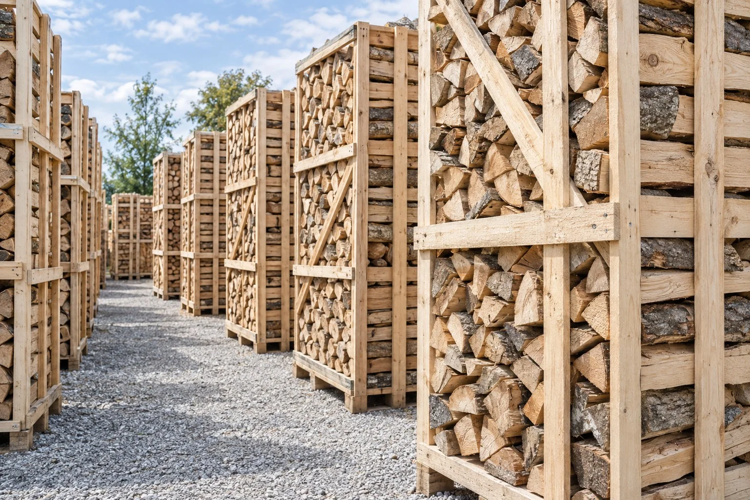 Firewood in tall wooden crates along a storage aisle