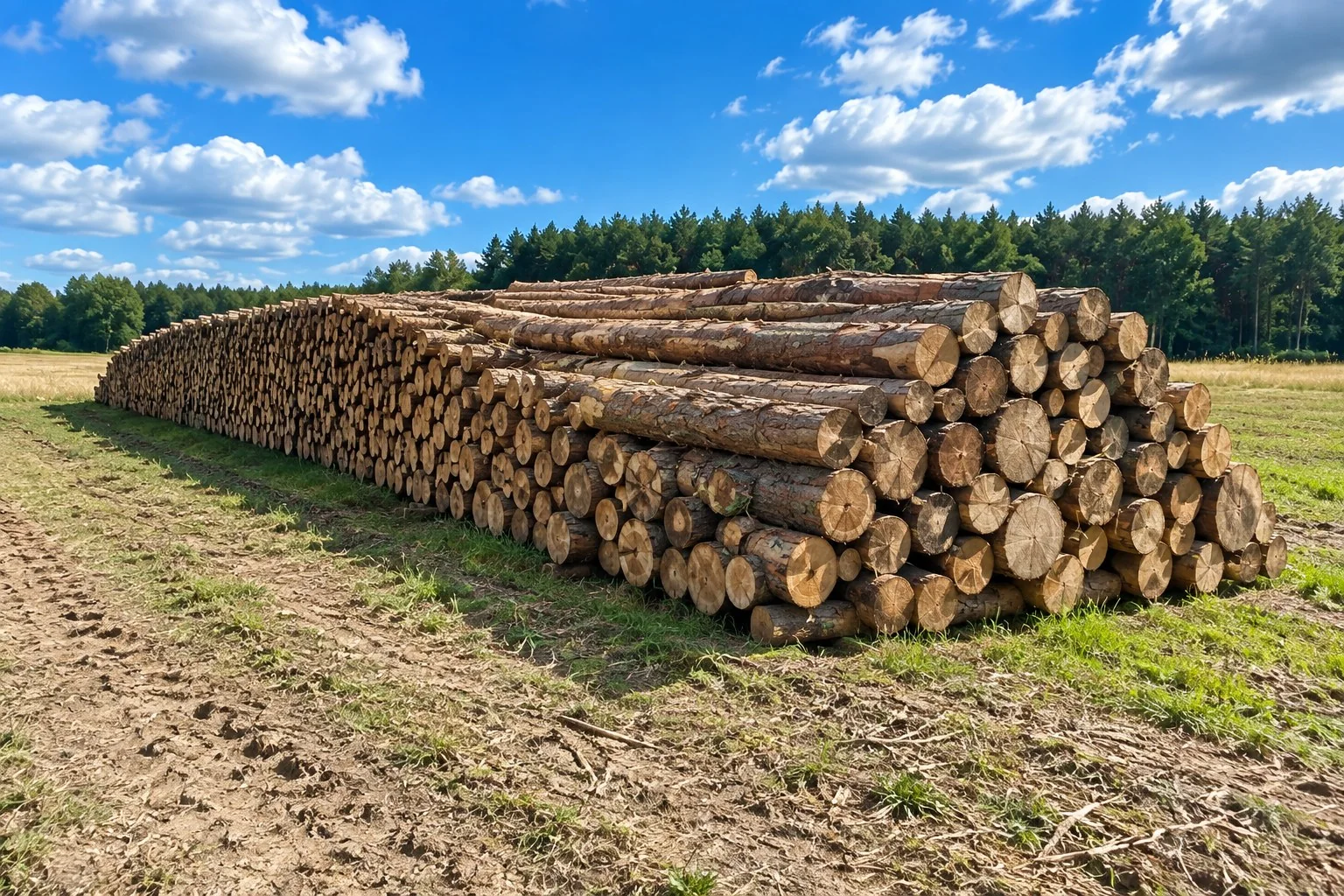 Round timber stored at the edge of a forest
